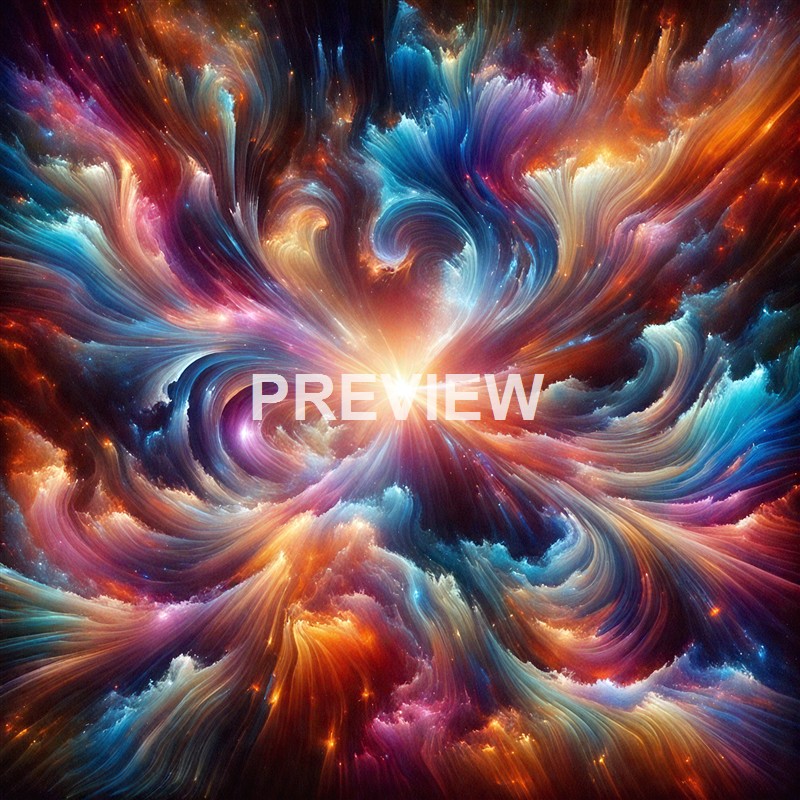 A vibrant, swirling cosmic scene with colorful nebulae and a bright central light resembling a star or explosion in space.